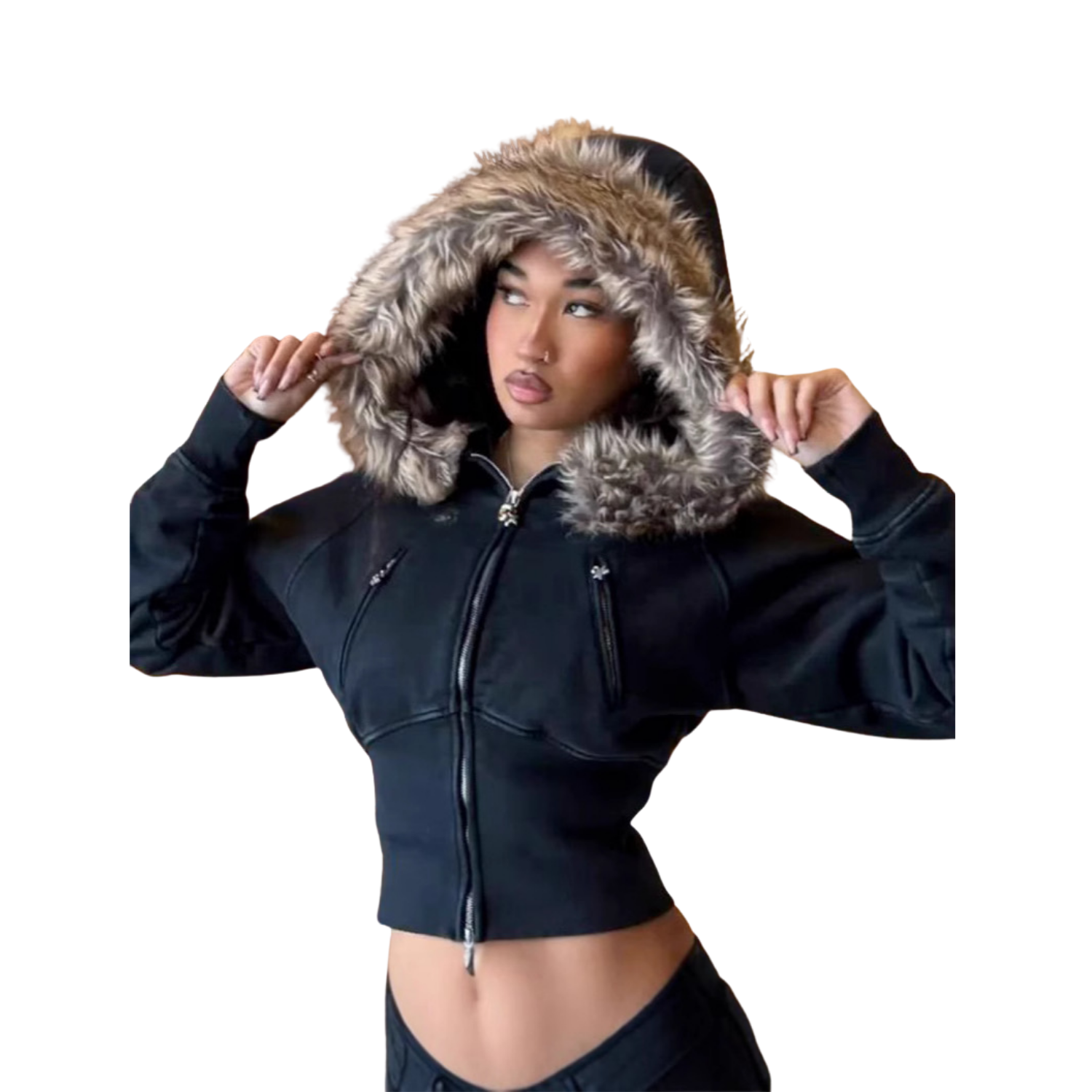 Women's Plain Fur Hoodie Cropped